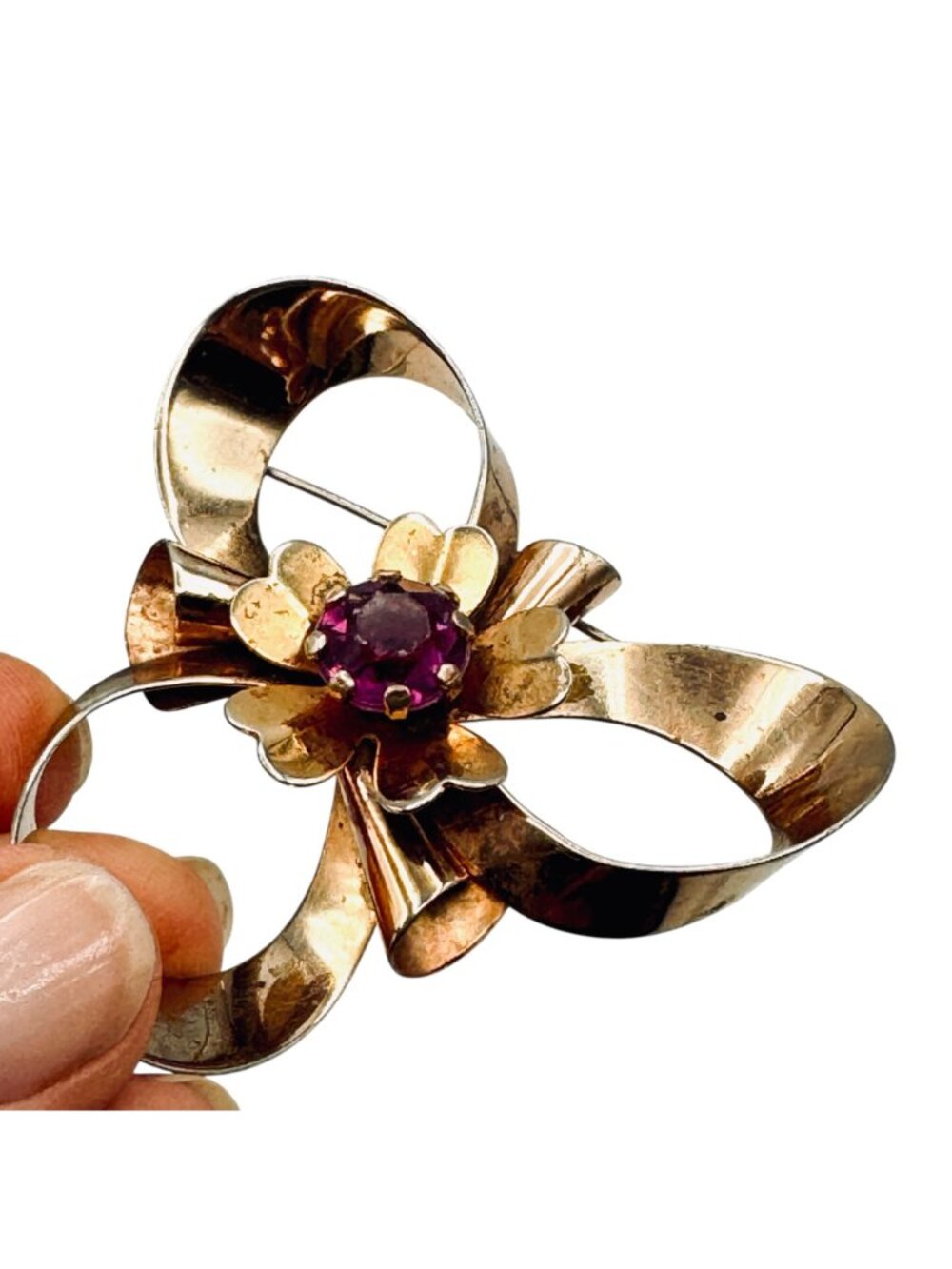 Vintage 1940s Ribbon Brooch Gold Tone Bow Pink Stone 2.5" - Picture 3 of 8